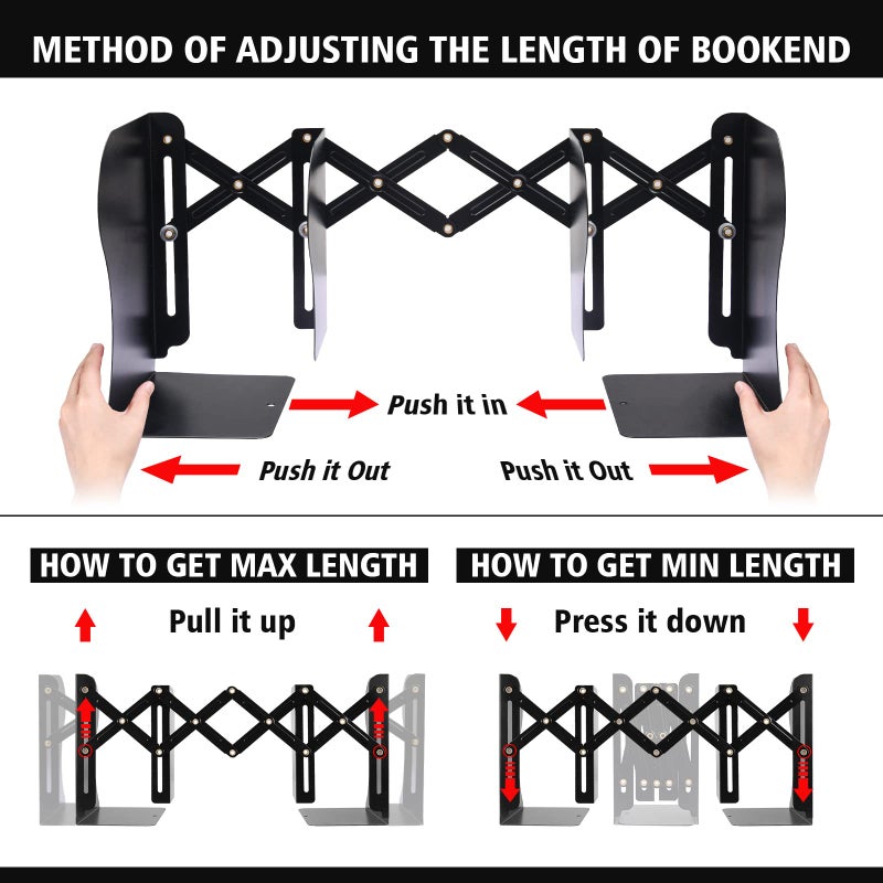 OMEYA Adjustable Bookends, Metal Book Ends for Heavy Book, 2 Dividers, Nonslip Book Stander for Desk, Shelf, Office, Stationery Gift, Extends up to 19 inches (Black) - Image 4